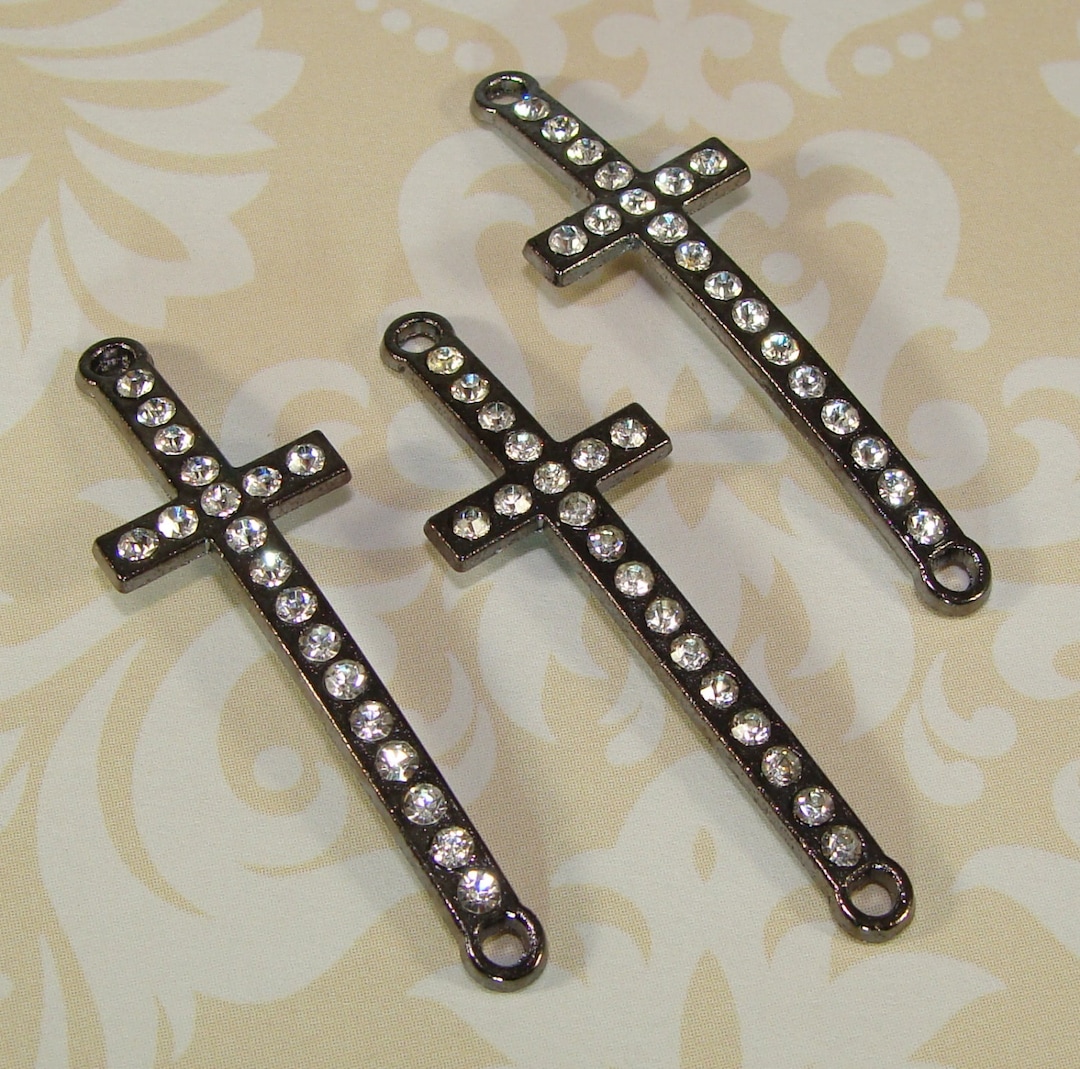 6 Rhinestone Cross Charms Slim Sideways Crosses Gunmetal & Crystals 1-3 ...