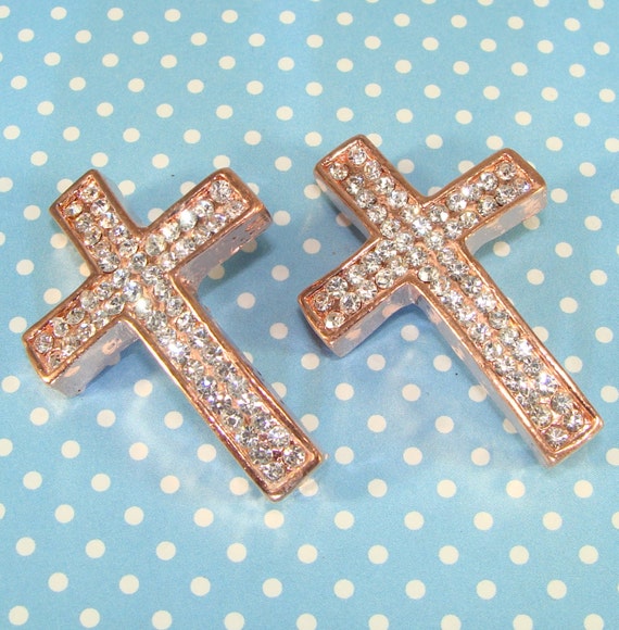 2 Crystal accented rhinestone cross connector charms