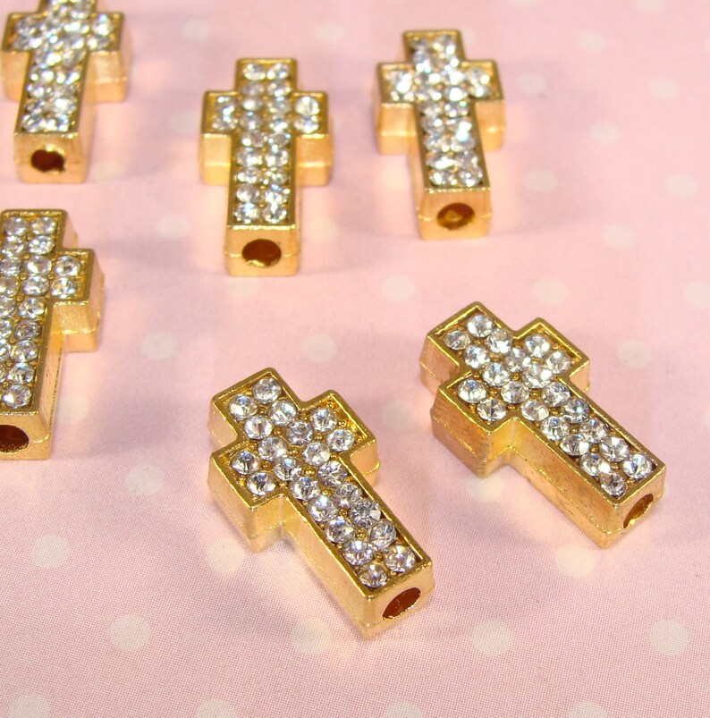 4 Tiny Rhinestone Cross Beads Gold & Crystal Sideways Crosses Etsy