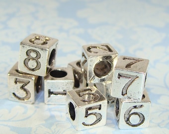 1 SILVER Cube NUMBER Bead 5mm Silver Plated Pewter USA Made - Jewelry Supplies Large 3mm Hole - You Choose Digits 1 2 3 4 5 6 7 8 9