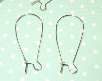 40 Long Oval Earrings Silver Ear Wires Hoops 20 Pair Craft Jewelry Supplies Metal Findings Fishhook Fish Hook w Loop for Charms Dangles OHS1