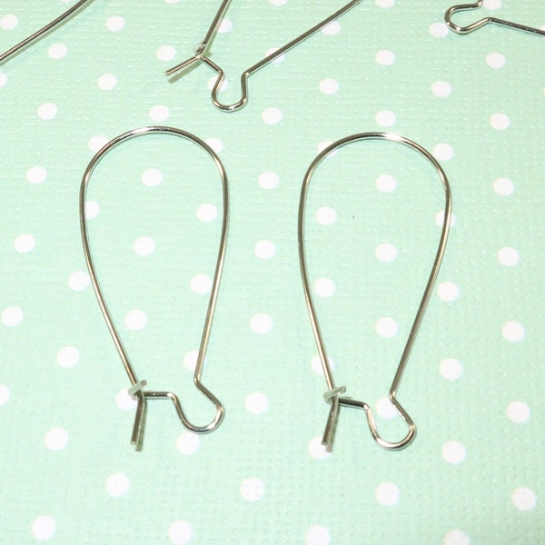 40 Long Oval Earrings Silver Ear Wires Hoops 20 Pair Craft Jewelry Supplies Metal Findings Fishhook Fish Hook w Loop for Charms Dangles OHS1