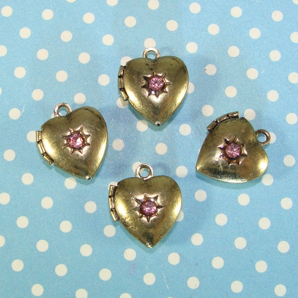 4 Heart Locket Charms Bronze Pink Crystal Rhinestone Hinged Antiqued Gold Pendant Jewelry Supplies Token of Love Best Friend Gift 17629