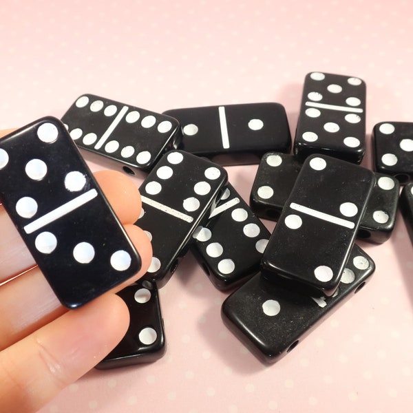12 perles de domino noires à pois blancs en vrac, gros morceaux de tuiles de jeu rectangulaires en plastique 2 trous Fournitures de bijoux Bracelets d'art altéré 39 mm x 20 mm