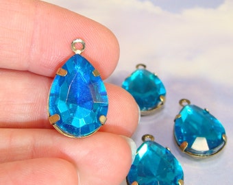 10 LARGE Teardrop Charms Turquoise Blue Rhinestone Crystal Plastic Set Stones Faceted 18mm x 14mm BRONZE Pronged Setting Jewelry Supplies