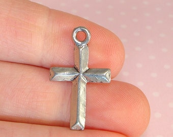 8 Silver Cross Charms Beveled Silver Pewter USA Made (34063) Simple Classic Bulk Jewelry Supplies Necklace Pendant Earring Dangles Christian