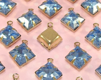 12 Light Blue Crystal Rhinestone Charms Acrylic Set Stones 8mm Diamond Square Gem Drop BRONZE Pronged Setting 1 Loop Bulk Jewelry Supplies