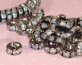 60 Gunmetal 7mm Rhinestone Spacer Beads Disc (42412) Rhinestone Crystal Black Rondelle Bulk Jewelry Supplies Accent for Bracelets Earrings