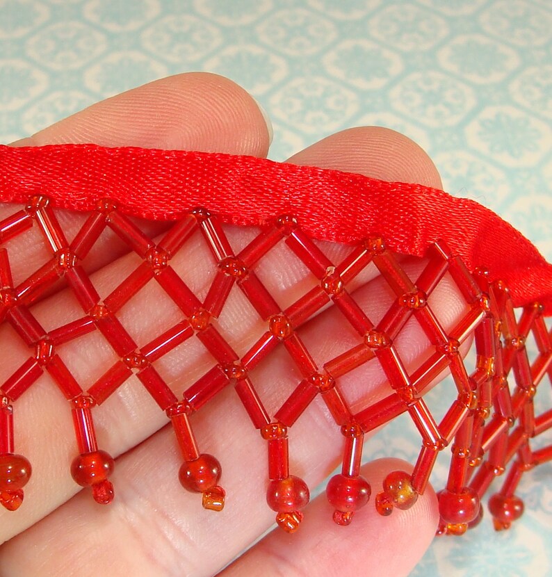 RED Beaded Fringe Trim One Yard 36 Inches Glass Bugle Seed Etsy