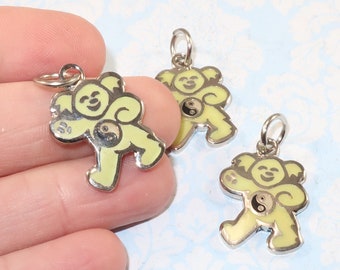 2 Yellow Dancing Bear Yin Yang Charms GLOW in the DARK Enamel 24mm Teddy Silver Vintage 1980s 1990s Dead Pendant Jewelry Supplies DB6