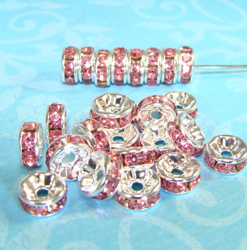 7mm Pink Rhinestone Spacer Beads Discs Silver 30pcs 44834 Etsy