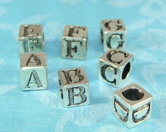 1 SILVER Cube LETTER Bead 5mm Silver Plated Pewter USA Made - Jewelry Supplies Large 3mm Hole - You Choose Alphabet Initial Letters A to Z