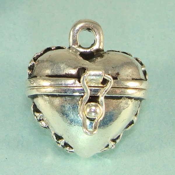 Heart Locket Charm Prayer Box Secret Keeper Silver Loop Clasp Hinged Puffy Jewelry Supplies Mother Best Friend Bridal Pendant Victorian Look