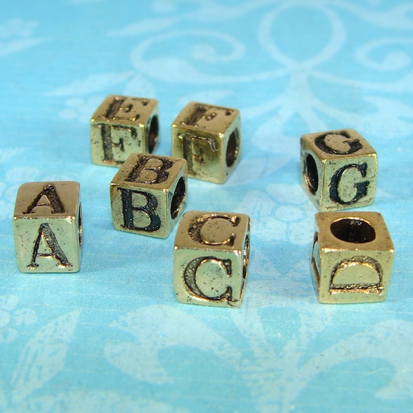 1 GOLD Cube LETTER Bead 5mm Gold Plated Pewter USA Made - Jewelry Supplies Large 3mm Hole - You Choose Alphabet Initial Letters A to Z