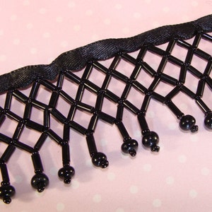 BLACK Beaded Fringe Trim One Yard (36 inches) Glass Bugle Seed Bead Cross Lattice Satin Ribbon Craft Supplies - Costumes Curtains Home Decor