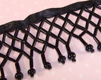 BLACK Beaded Fringe Trim One Yard (36 inches) Glass Bugle Seed Bead Cross Lattice Satin Ribbon Craft Supplies - Costumes Curtains Home Decor