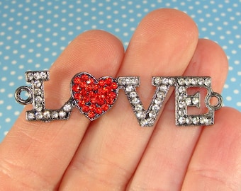 3 Rhinestone LOVE Charms Gunmetal w Red Crystal Heart for Friendship Bracelets 2 inch Bracelet Bar Jewelry Supplies Best Friend Gift 47064