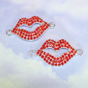 2 Red Rhinestone Lips Charms Silver Red Crystal Bracelet Bar Connector 38mm x 20mm (46621) Kiss Love Friendship Bracelet Jewelry Supplies