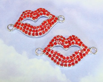 2 Red Rhinestone Lips Charms Silver Red Crystal Bracelet Bar Connector 38mm x 20mm (46621) Kiss Love Friendship Bracelet Jewelry Supplies