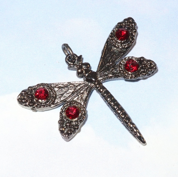 2 Vintage Dragonfly Charm w Red Rhinestones 1990s Dark Silver Gunmetal 35mm Pendant Best Friend Mother Spring Summer Jewelry Supplies FJ1