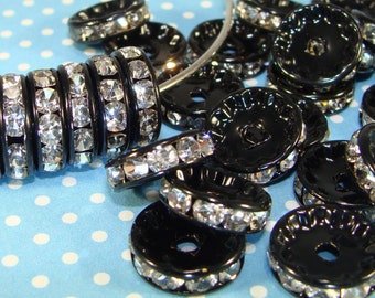 12mm Rhinestone Spacer Disc Beads Black w Crystal 20pcs (42413) Jewelry Supplies Bulk Beads for Bracelet Necklace or Big Hoops Earrings