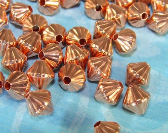 65 Copper Fluted Bicone Beads 5mm Small Metal Spacer 3/16" USA MADE Corrugated Ribbed Plated Steel Bulk Jewelry Supplies Findings (42645)