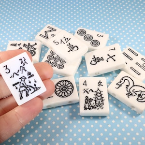 12 Mah Jong Tile Beads White Plastic 2 Hole Black Print Rectangle Jewelry Supplies Bracelet Necklace Chunky Bulk Asian Tile Game 30mm 22mm