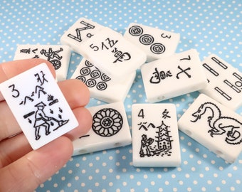 12 Mah Jong Tile Beads White Plastic 2 Hole Black Print Rectangle Jewelry Supplies Bracelet Necklace Chunky Bulk Asian Tile Game 30mm 22mm