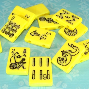 12 Mah Jong Tile Beads Yellow Plastic 2 Hole Black Print Rectangle Jewelry Supplies Bracelet Necklace Chunky Bulk Asian Tile Game 30mm 22mm image 5