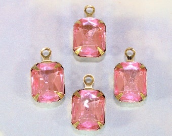 12 Pink Rhinestone Drops Charms Pale Pink Set Stones 10mm x 8mm Resin Crystal Faceted Rectangle BRONZE Pronged Setting Jewelry Supplies Bulk