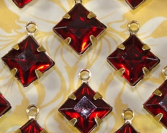 24 Red Rhinestone Acrylic Drops Charms Ruby Dangles 8mm Diamond Square BRONZE Pronged Setting 1 Loop Jewelry Supply Bulk Beads
