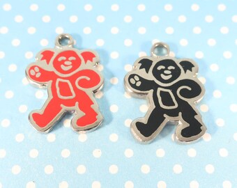 2 Dancing Bear Charms Red & Black Enamel 24mm Teddy Silver Vintage 1980s 1990s Retro Hippie Dead Necklace Jewelry Supplies DB3 LAST LOT