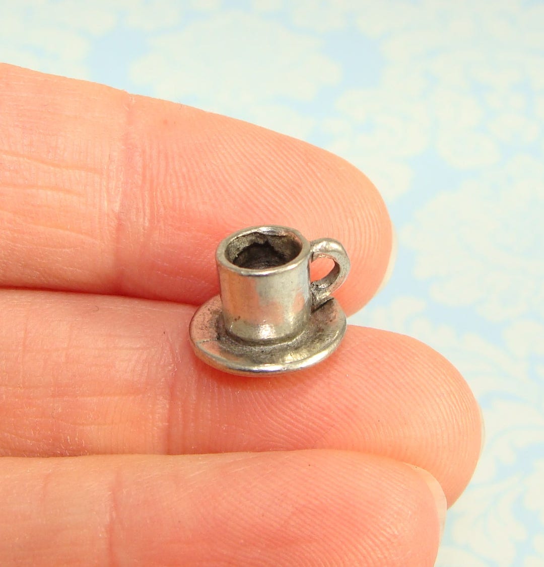 6 Dainty Tea Cup Charms Pewter Silver Coffee Cup and Saucer Teacup
