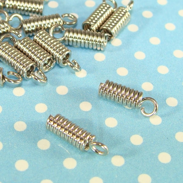 24 Silver Spring Coil Crimp Ends Cord Tip Fastener Clasp 1mm Opening 9mm Long w Loop Steel Jewelry Supplies for Necklaces Bracelets 41306