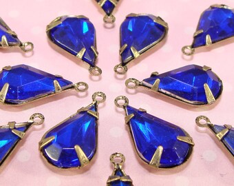 12 Blue Rhinestone Teardrop Charms Sapphire Crystal Acrylic Set Stones Faceted Drops 13mm x 8mm BRONZE Pronged Setting Jewelry Supply Bulk