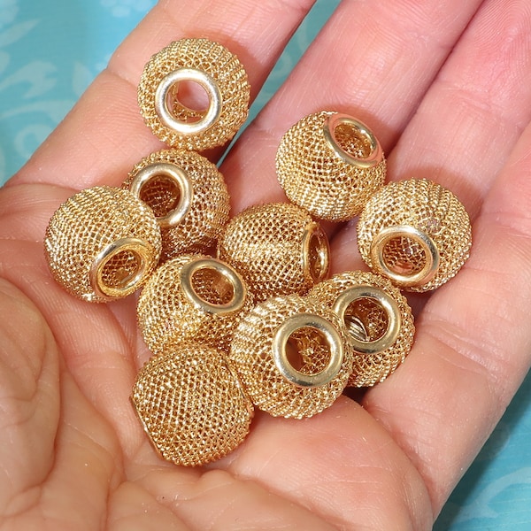 12 Gold Mesh Beads 14mm (427.G14) Large Hole Metal Jewelry Supplies for Bracelets Necklaces Big Hoop Earrings Lightweight Chunky Bulk Bead