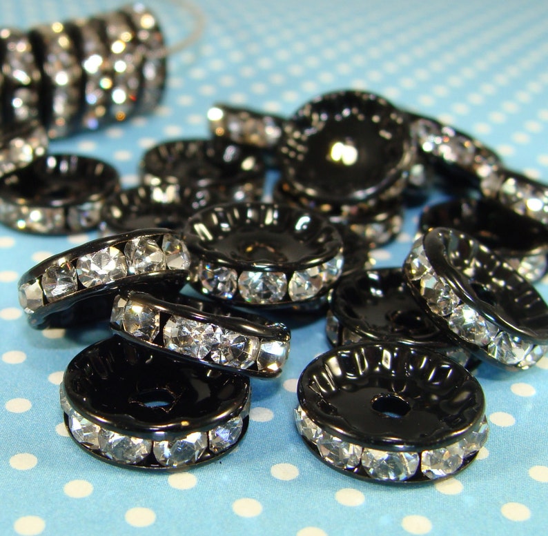 12mm Rhinestone Spacer Disc Beads Black W Crystal 20pcs Etsy