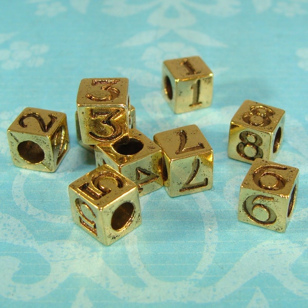 1 GOLD Cube NUMBER Bead 5mm Gold Plated Pewter USA Made - Jewelry Supplies Large 3mm Hole - You Choose Digits 1 2 3 4 5 6 7 8 9