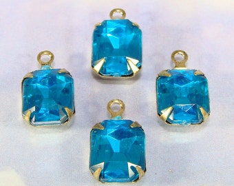 12 Turquoise Rhinestone Charms Blue Set Stones Acrylic Faceted Aqua Crystal Drops 10mm x 8mm Rectangle BRONZE Pronged Jewelry Supplies Bulk