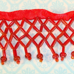 RED Beaded Fringe Trim One Yard (36 inches) Glass Bugle Seed Bead Cross Lattice Satin Ribbon Craft Supplies - Costumes Curtains Home Decor