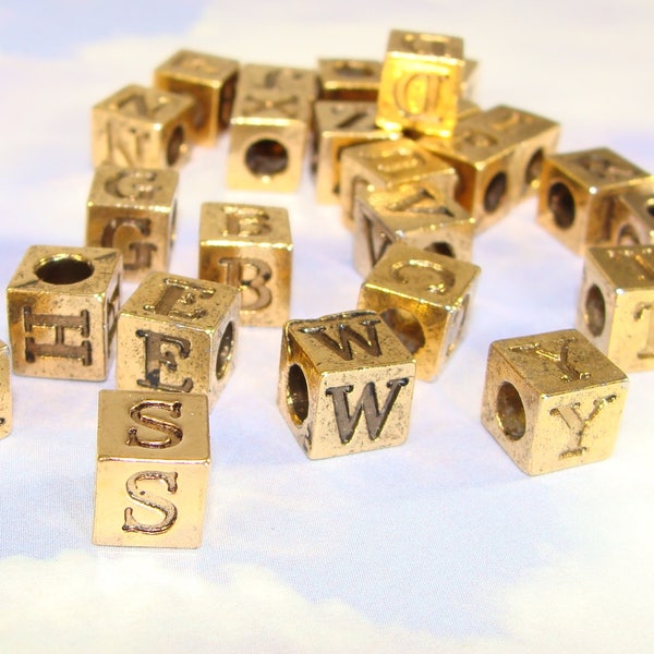 1 GOLD Cube LETTER Bead 7mm Gold Plated Pewter USA Made - Jewelry Supplies Large 4mm Hole - You Choose Alphabet Initial Letters A to Z