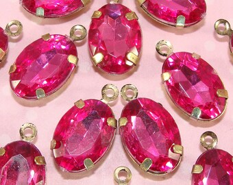 12 Oval Fuchsia Set Stones Charms Crystal Rhinestone Resin Faceted Pink Gem Drops 14mm x 10mm BRONZE Pronged Jewelry Supplies Bulk Beads