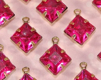 12 Hot Pink Gem Drop Charms Set Stones Crystal Rhinestone Fuchsia Resin 8mm x 8mm Diamond Square BRONZE Pronged 1 Loop Jewelry Supply Bulk
