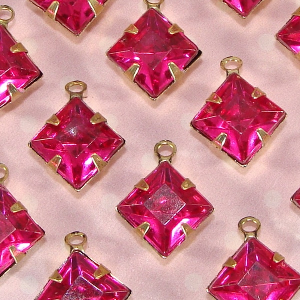 12 Hot Pink Gem Drop Charms Set Stones Crystal Rhinestone Fuchsia Resin 8mm x 8mm Diamond Square BRONZE Pronged 1 Loop Jewelry Supply Bulk