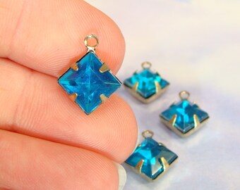 12 Turquoise Rhinestone Charms Blue Diamond Set Stones Resin Crystal Drops 8mm Aqua Square BRONZE Pronged Setting 1 Loop Jewelry Supply Bulk