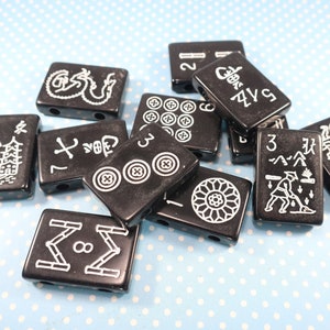 12 Mah Jong Tile Beads Black Plastic 2 Hole White Print Rectangle Jewelry Supplies Bracelets Necklaces Chunky Bulk Asian Tile Game 30mm 22mm