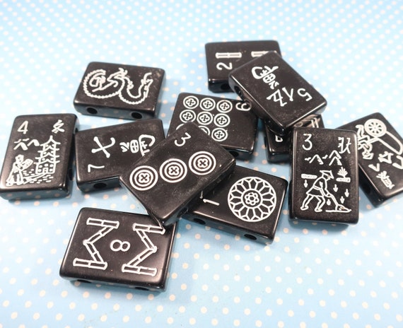 12 Mah Jong Tile Beads Black Plastic 2 Hole White Print Rectangle Jewelry Supplies Bracelets Necklaces Chunky Bulk Asian Tile Game 30mm 22mm