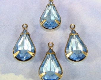 12 Teardrop Light Blue Crystal Rhinestone Charms Resin Set Stones Faceted Drops 13mm x 8mm BRONZE Tone Pronged Setting Jewelry Supply Bulk