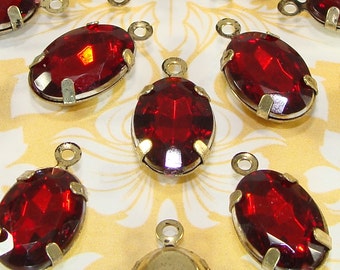 12 Red Rhinestone Crystal Resin Set Stones Ruby 14mm x 10mm Oval Drops BRONZE Pronged Setting 1-Loop Jewelry Supplies Bulk Beads Charms