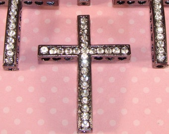 3 Cross Charms Crystal Rhinestone Sideways Cross Gunmetal Pave Rhinestones 25mm x 35mm Friendship Bracelet Bar Jewelry Making Supplies 42488